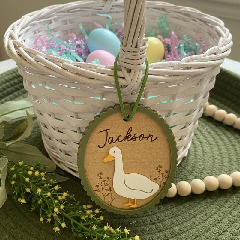 Personalized Easter Basket Tag – Custom Bunny or Goose Name Tag, 3D Engraved Wooden Easter Tag for Kids