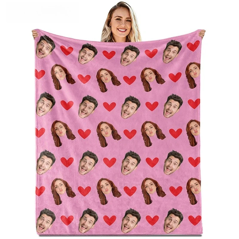Custom Face Blanket with Hearts – Personalized Photo Blanket for Couples, Valentine’s Day Gift for Him or Her