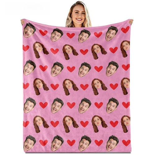 Custom Face Blanket with Hearts – Personalized Photo Blanket for Couples, Valentine’s Day Gift for Him or Her