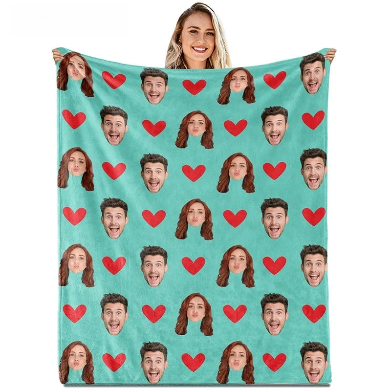 Custom Face Blanket with Hearts – Personalized Photo Blanket for Couples, Valentine’s Day Gift for Him or Her
