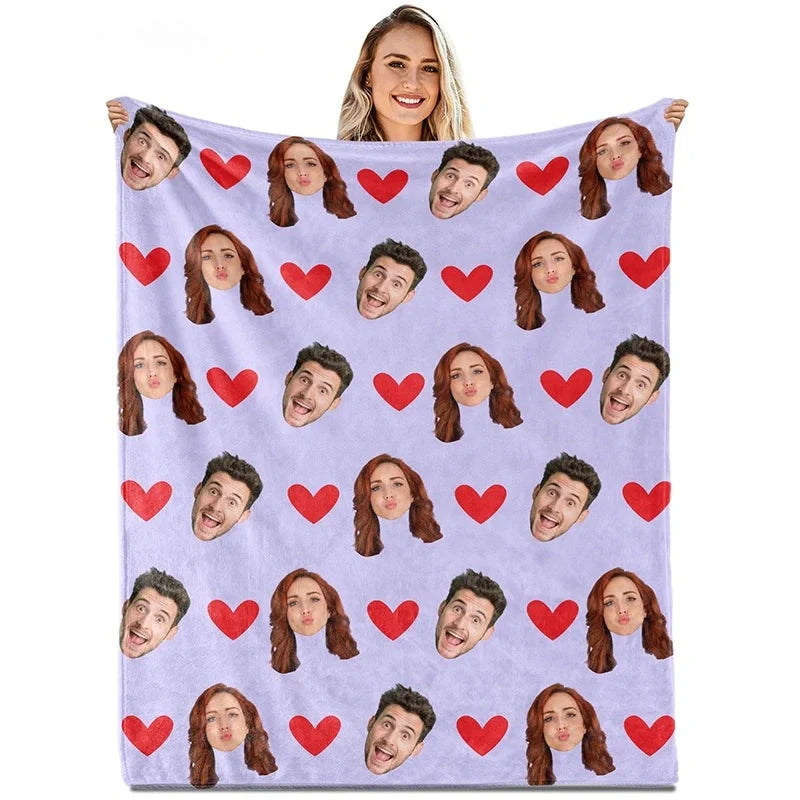 Custom Face Blanket with Hearts – Personalized Photo Blanket for Couples, Valentine’s Day Gift for Him or Her