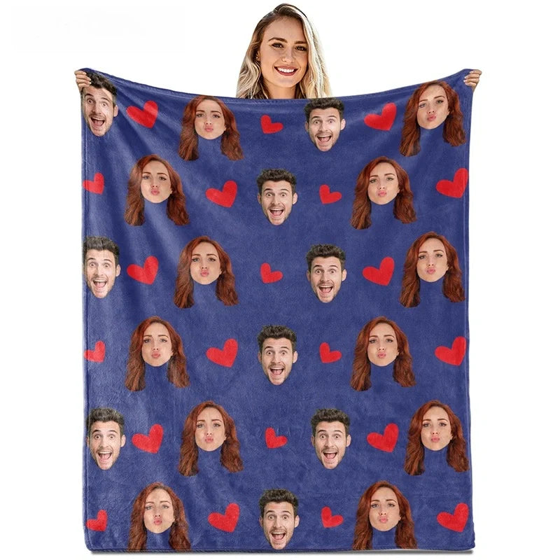 Custom Face Blanket with Hearts – Personalized Photo Blanket for Couples, Valentine’s Day Gift for Him or Her