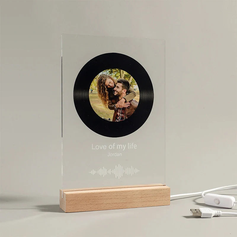 Custom LED Song Plaque Night Light – Personalized Acrylic Music Photo Frame with Wooden or LED Stand
