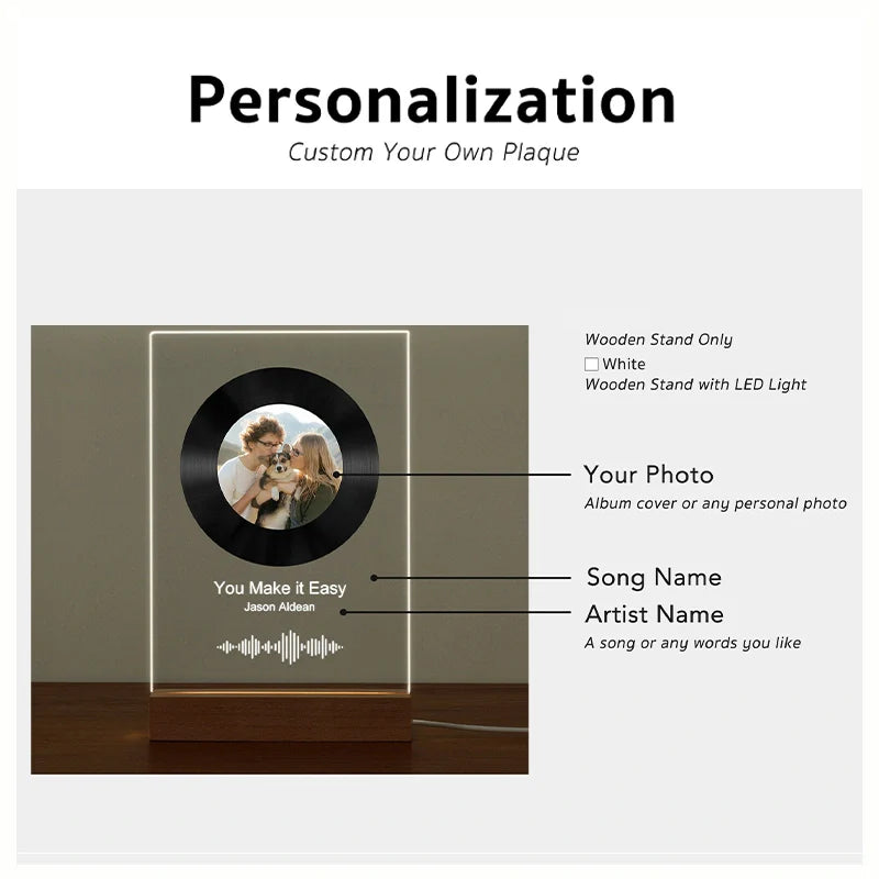 Custom LED Song Plaque Night Light – Personalized Acrylic Music Photo Frame with Wooden or LED Stand