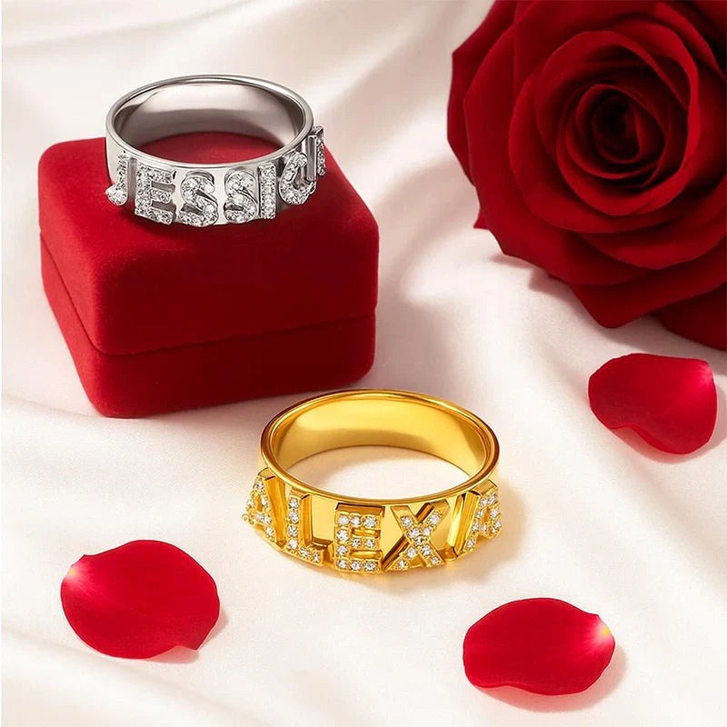 Custom Name Ring | Sterling Silver Block Letter Ring with Zirconia