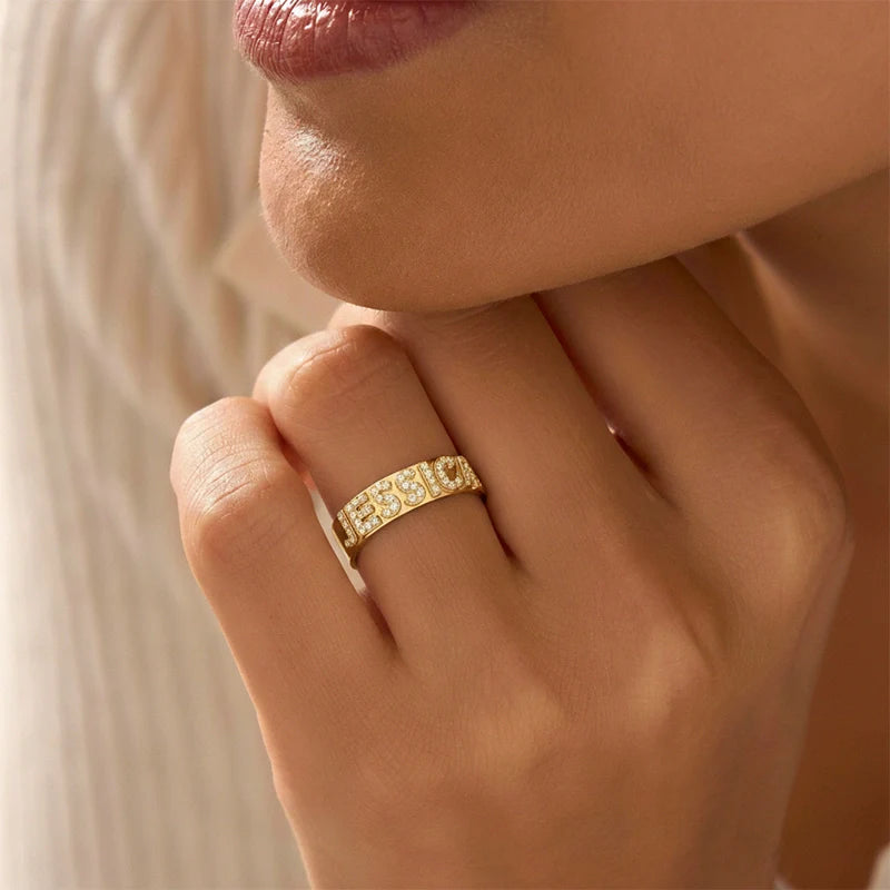 Custom Name Ring | Sterling Silver Block Letter Ring with Zirconia