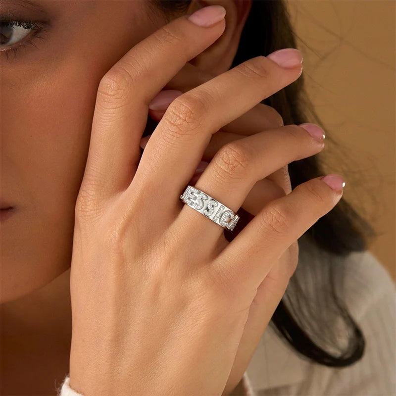 Custom Name Ring | Sterling Silver Block Letter Ring with Zirconia