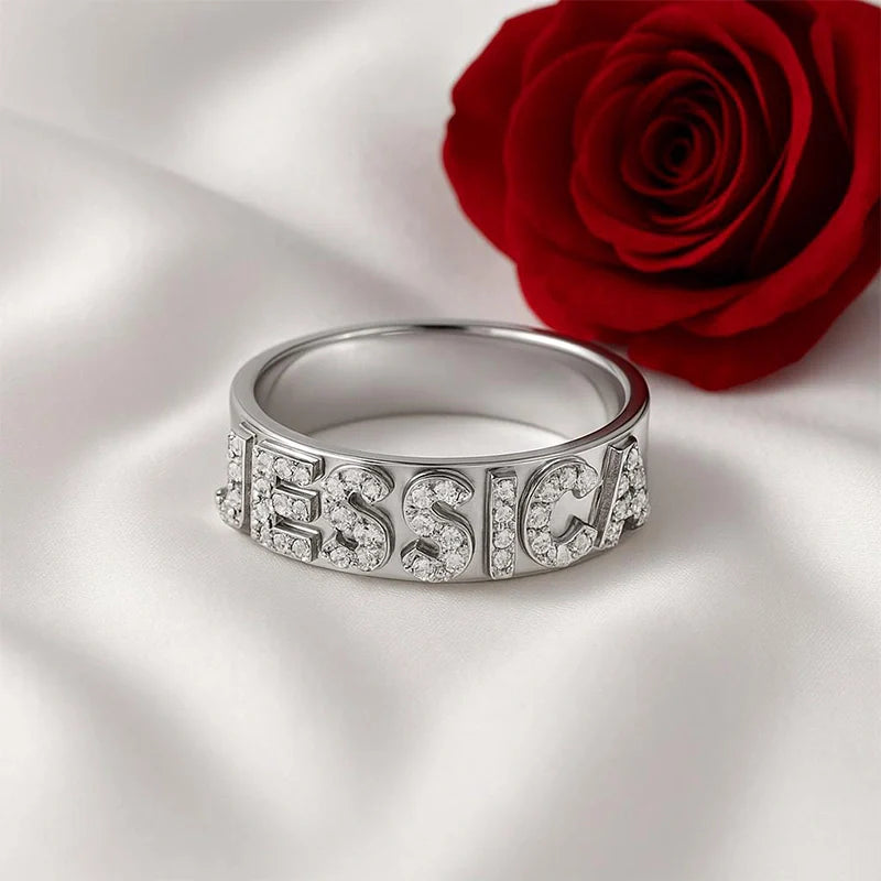 Custom Name Ring | Sterling Silver Block Letter Ring with Zirconia