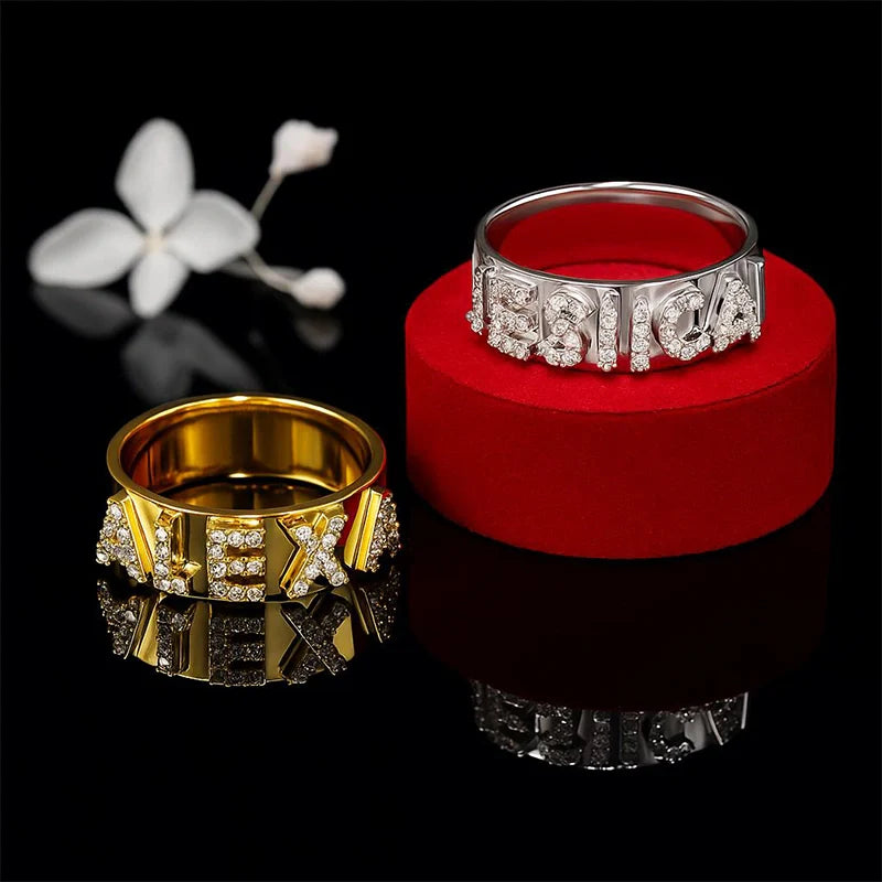 Custom Name Ring | Sterling Silver Block Letter Ring with Zirconia