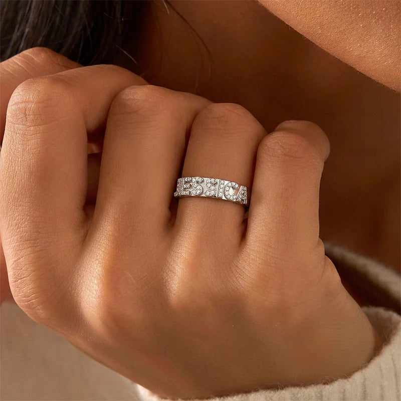 Custom Name Ring | Sterling Silver Block Letter Ring with Zirconia