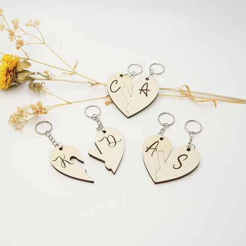 Custom Name Wooden Heart Keychains – Personalized Puzzle Couple Keyring Set