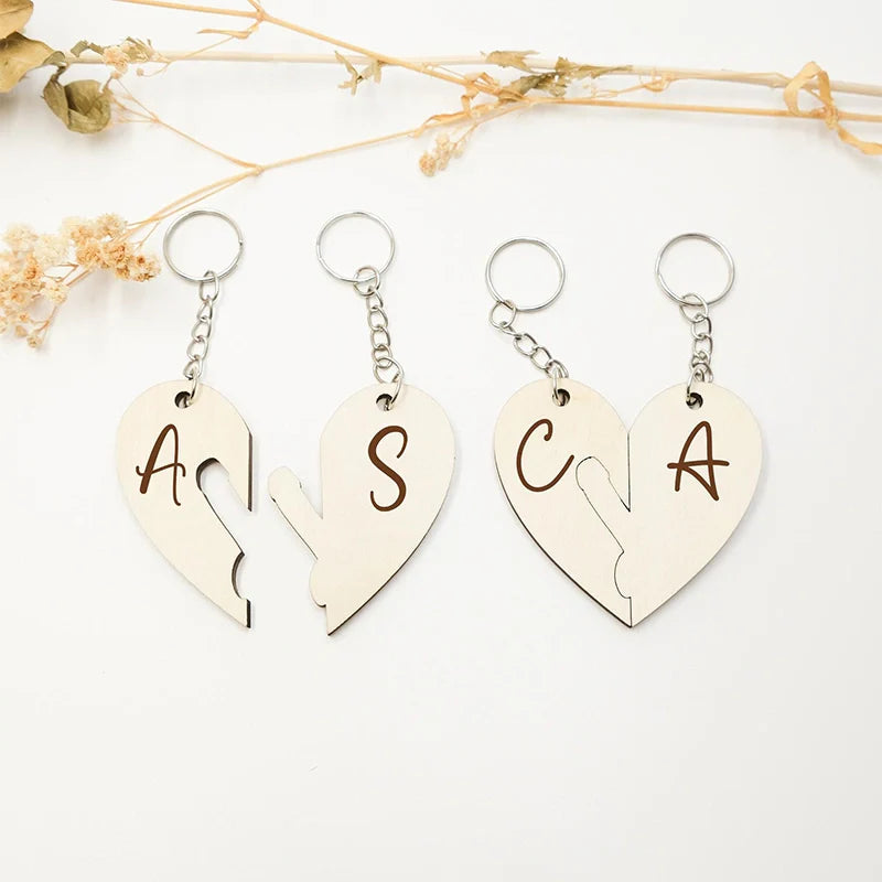 Custom Name Wooden Heart Keychains – Personalized Puzzle Couple Keyring Set
