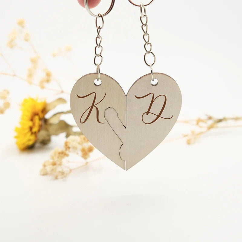 Custom Name Wooden Heart Keychains – Personalized Puzzle Couple Keyring Set