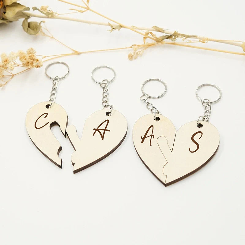 Custom Name Wooden Heart Keychains – Personalized Puzzle Couple Keyring Set