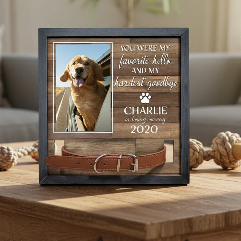 Custom Pet Memorial Photo Frame with Collar Holder – Personalized Dog & Cat Loss Gift | “My Hardest Goodbye” Sign