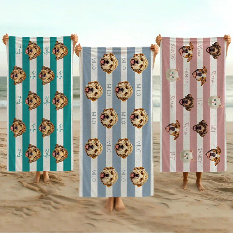 Custom Pet Photo Beach Towel with Name – Personalized Dog & Cat Summer Pool Towel