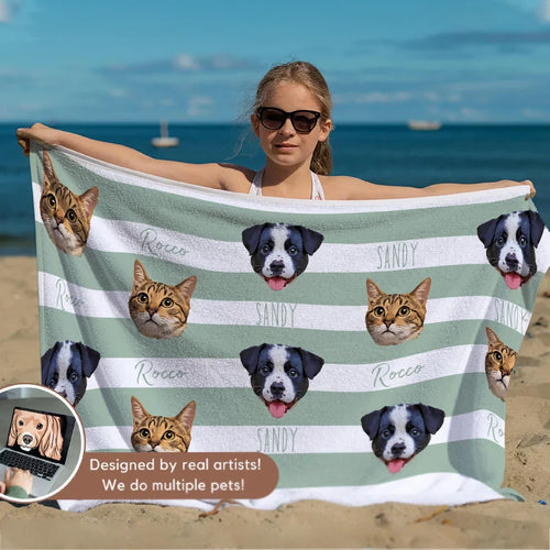 Custom Pet Photo Beach Towel with Name – Personalized Dog & Cat Summer Pool Towel