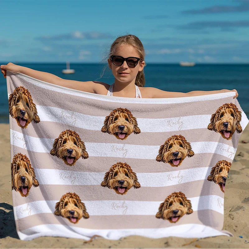 Custom Pet Photo Beach Towel with Name – Personalized Dog & Cat Summer Pool Towel