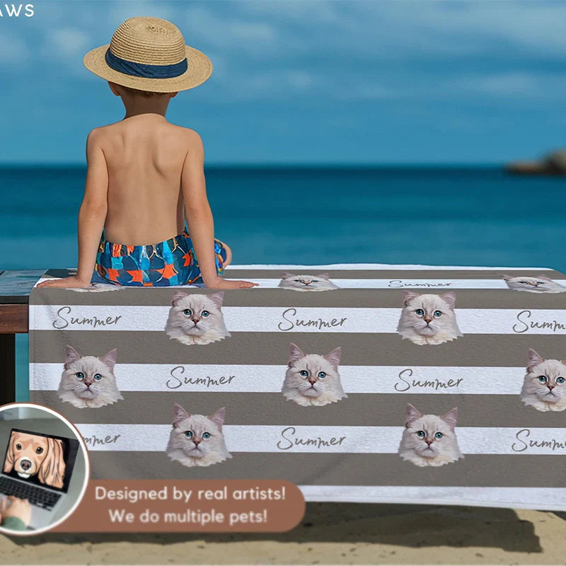 Custom Pet Photo Beach Towel with Name – Personalized Dog & Cat Summer Pool Towel