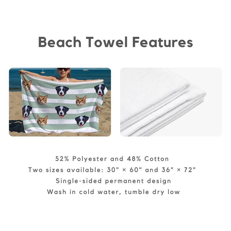 Custom Pet Photo Beach Towel with Name – Personalized Dog & Cat Summer Pool Towel