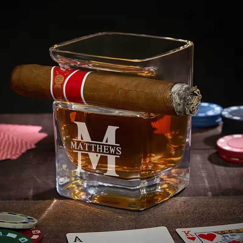 Custom Whiskey Glass with Cigar Holder
