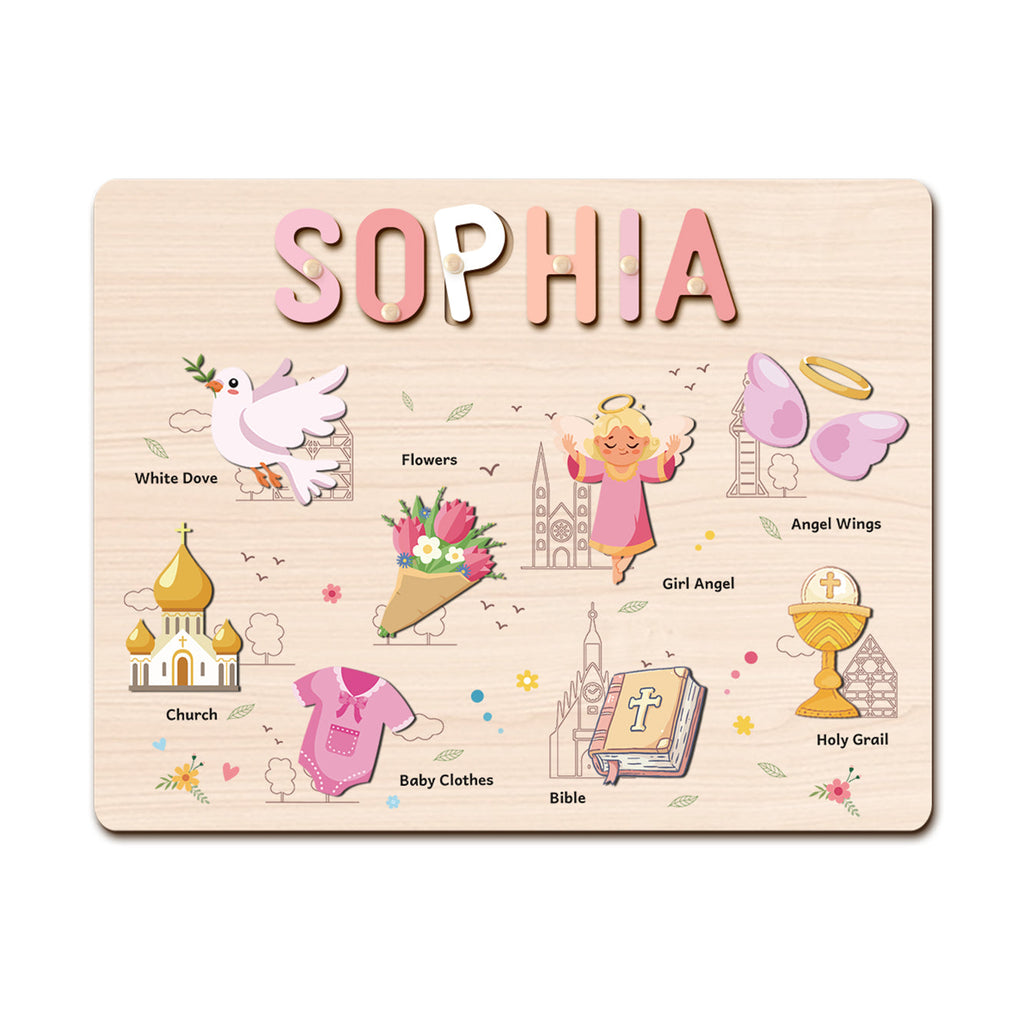 Personalized Baby Girl Christening Wooden Name Puzzle – Custom Baptism Keepsake Gift