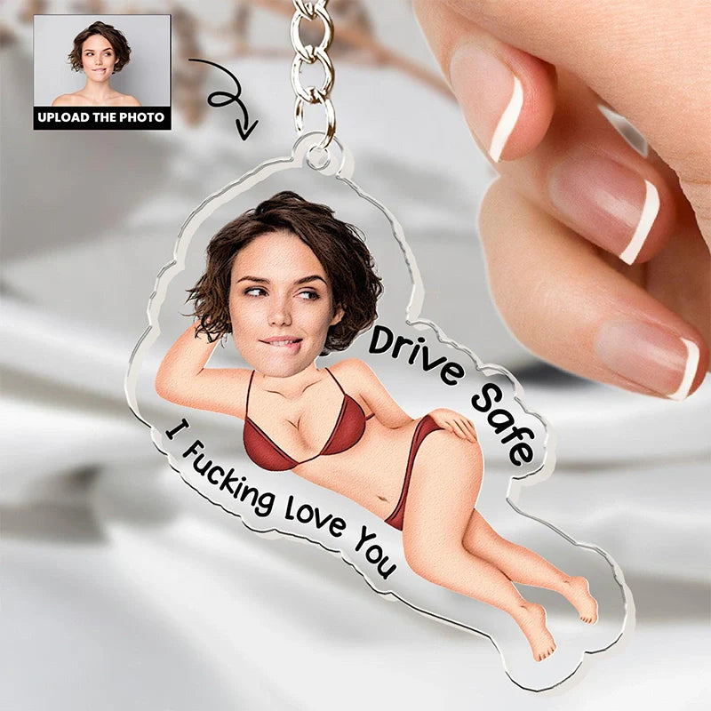 Drive Safe I Love You – Personalized Photo Wooden Car Visor Clip & Keychain Set for Couples
