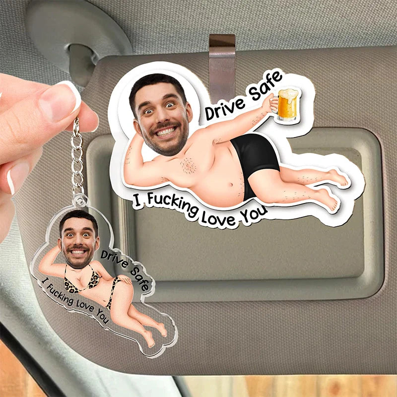Drive Safe I Love You – Personalized Photo Wooden Car Visor Clip & Keychain Set for Couples