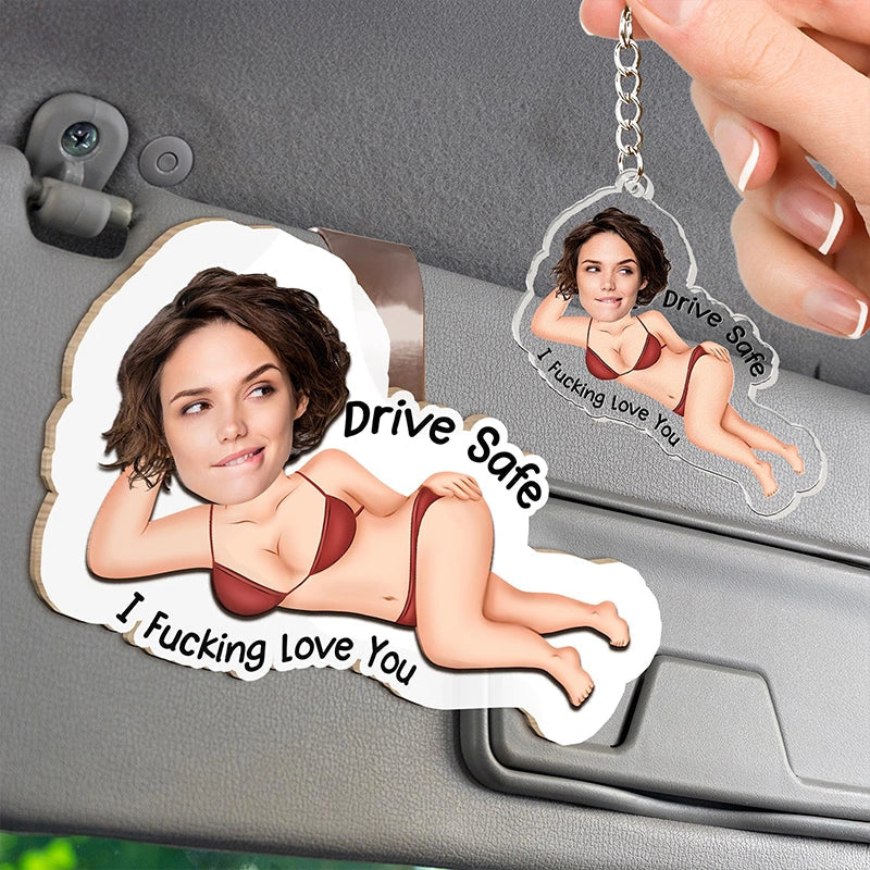 Drive Safe I Love You – Personalized Photo Wooden Car Visor Clip & Keychain Set for Couples