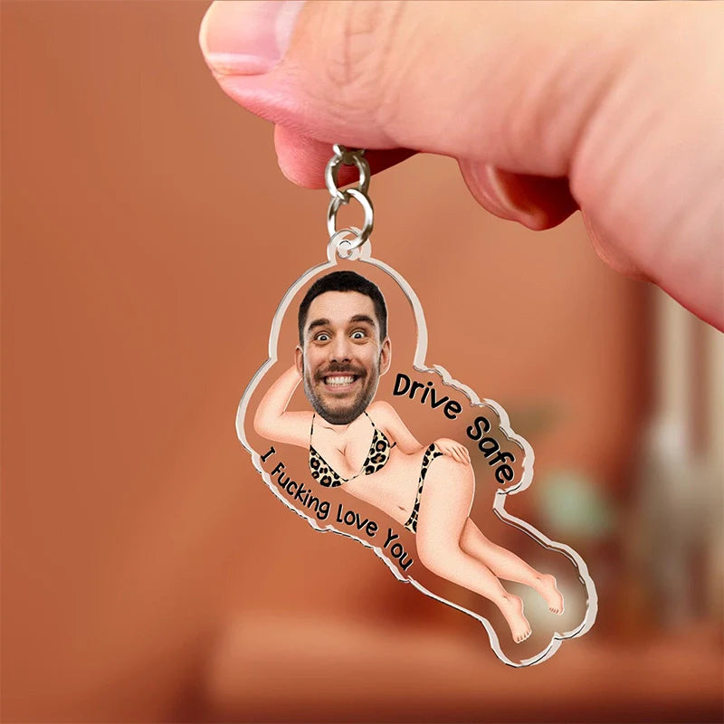 Drive Safe I Love You – Personalized Photo Wooden Car Visor Clip & Keychain Set for Couples