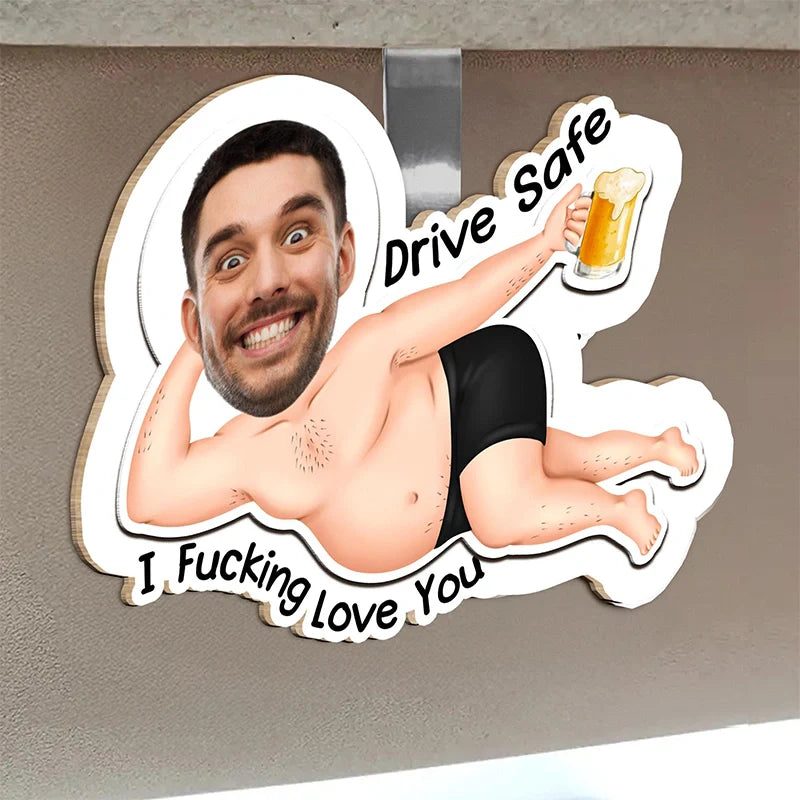 Drive Safe I Love You – Personalized Photo Wooden Car Visor Clip & Keychain Set for Couples