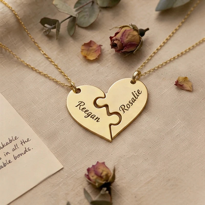 Heart Puzzle Name Necklace with Birthstones (2–5 Names) – Personalized Family & Best Friends Jewelry Set