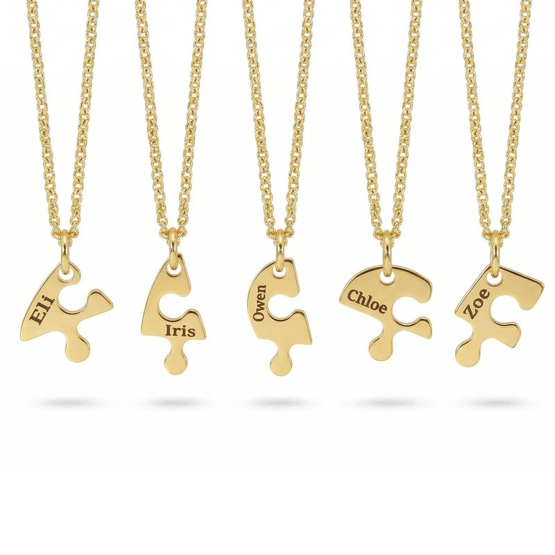 Heart Puzzle Name Necklace with Birthstones (2–5 Names) – Personalized Family & Best Friends Jewelry Set