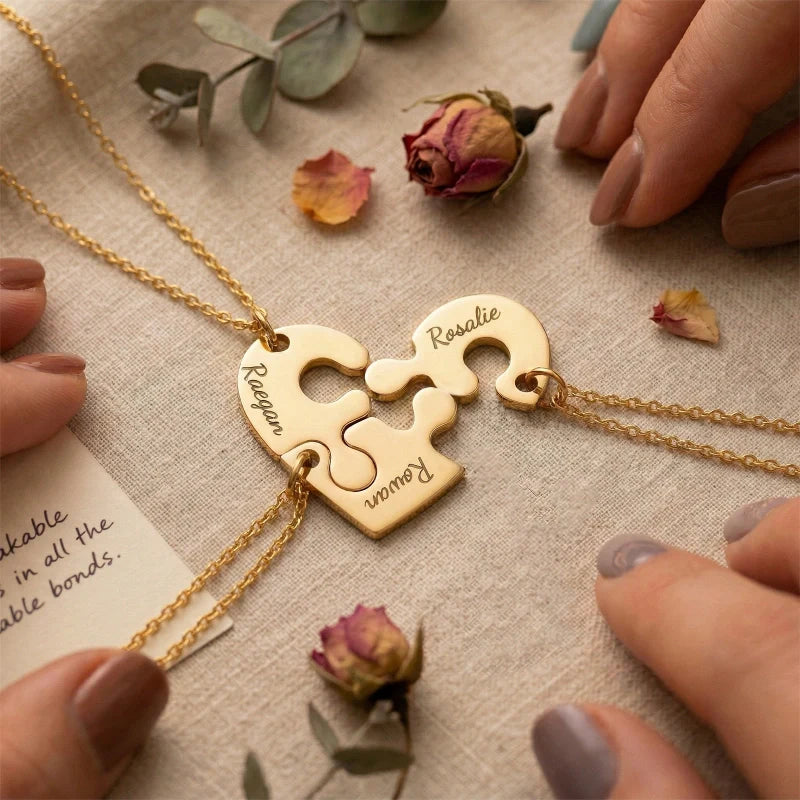 Heart Puzzle Name Necklace with Birthstones (2–5 Names) – Personalized Family & Best Friends Jewelry Set