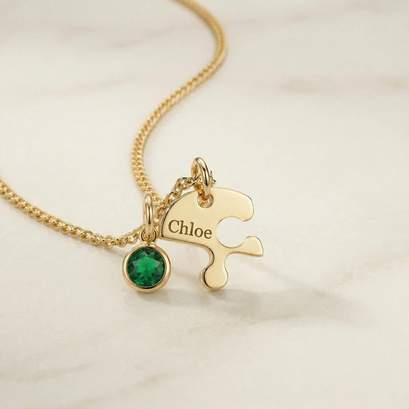 Heart Puzzle Name Necklace with Birthstones (2–5 Names) – Personalized Family & Best Friends Jewelry Set