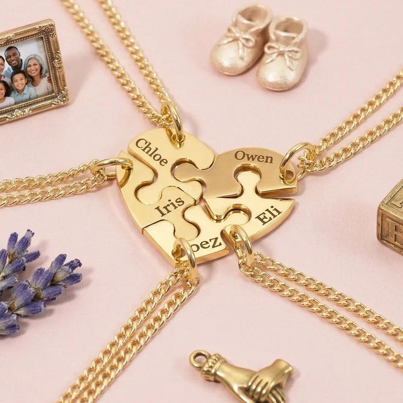 Heart Puzzle Name Necklace with Birthstones (2–5 Names) – Personalized Family & Best Friends Jewelry Set