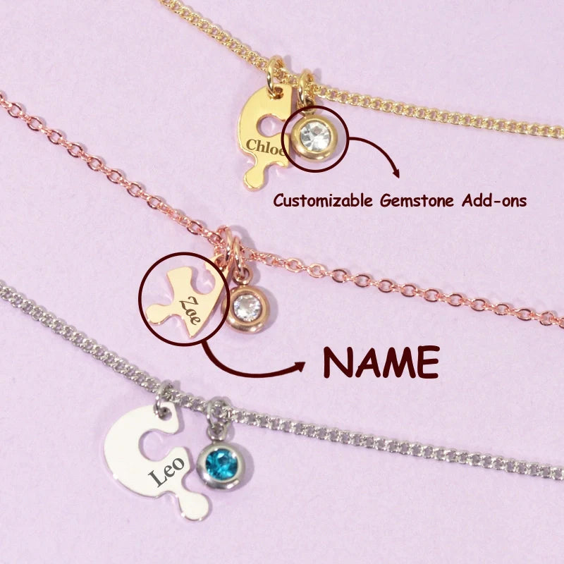 Heart Puzzle Name Necklace with Birthstones (2–5 Names) – Personalized Family & Best Friends Jewelry Set