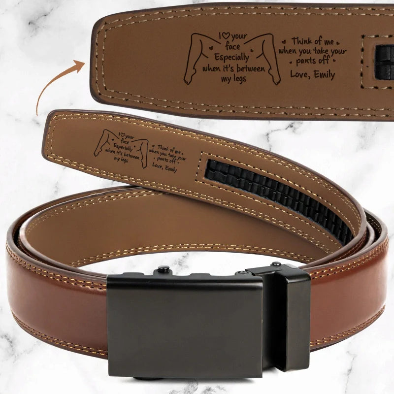 Naughty Personalized Leather Belt with Engraved Buckle for Him