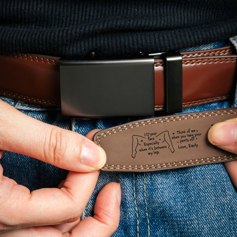 Naughty Personalized Leather Belt with Engraved Buckle for Him