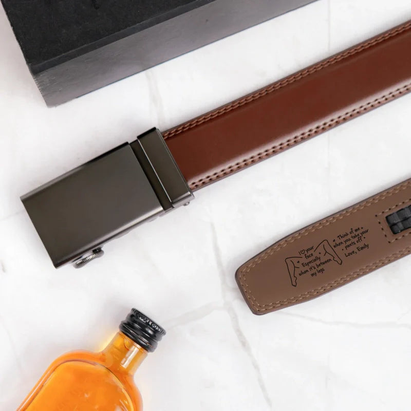 Naughty Personalized Leather Belt with Engraved Buckle for Him