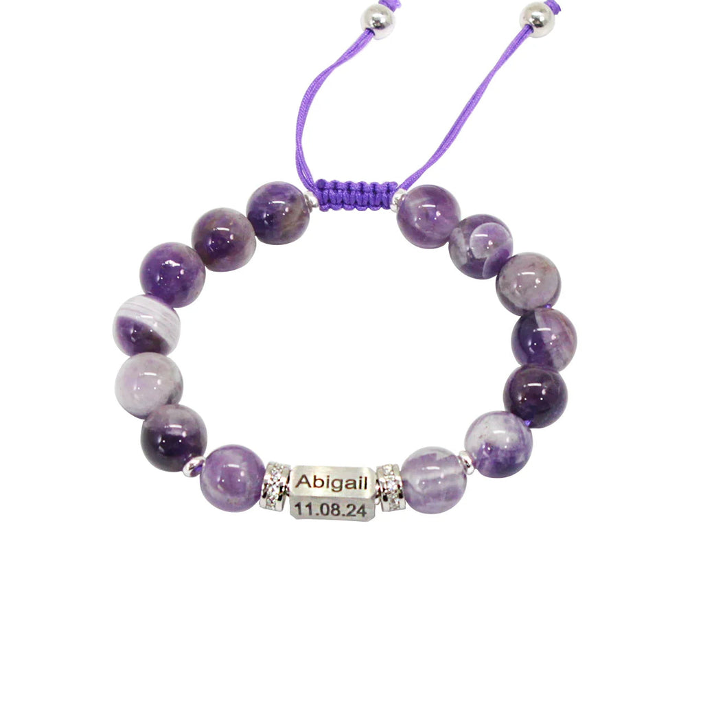Personalized Name Engraved Natural Stone Bracelet with Zircon | Adjustable Beaded Couple Jewelry Gift for Him & Her