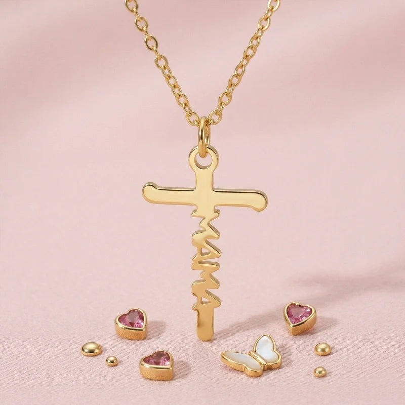 Mom Birthstone Cross Necklace – Personalized Mama Cross Necklace, Christian Mother’s Day Gift for Mom