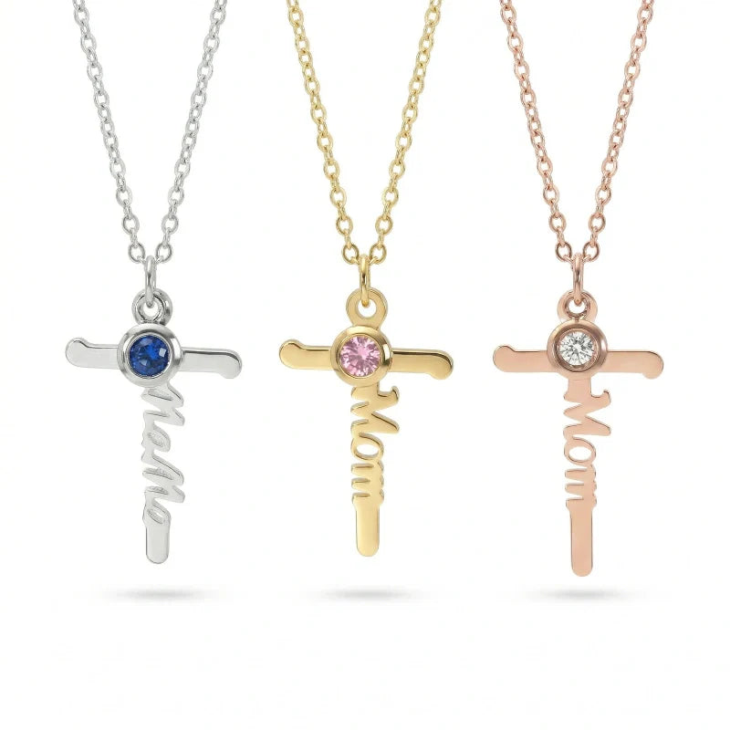 Mom Birthstone Cross Necklace – Personalized Mama Cross Necklace, Christian Mother’s Day Gift for Mom