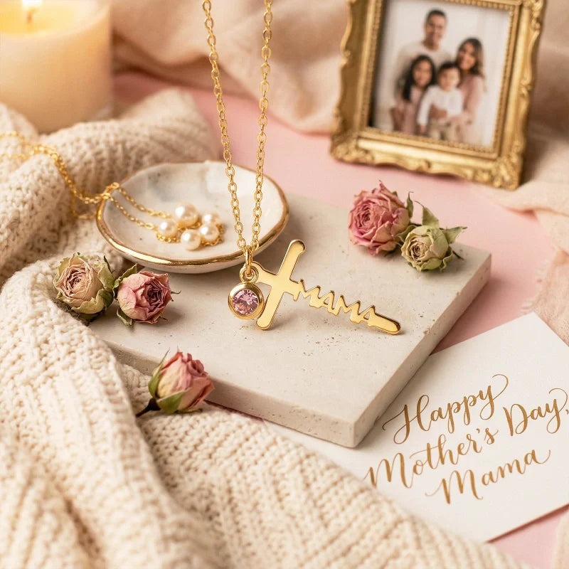 Mom Birthstone Cross Necklace – Personalized Mama Cross Necklace, Christian Mother’s Day Gift for Mom