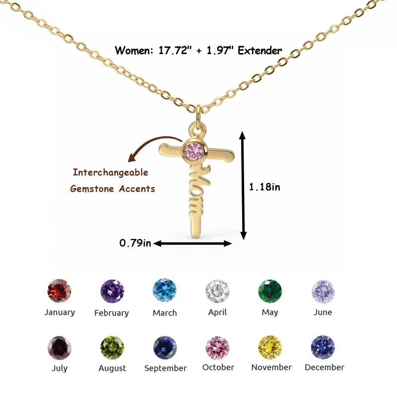 Mom Birthstone Cross Necklace – Personalized Mama Cross Necklace, Christian Mother’s Day Gift for Mom