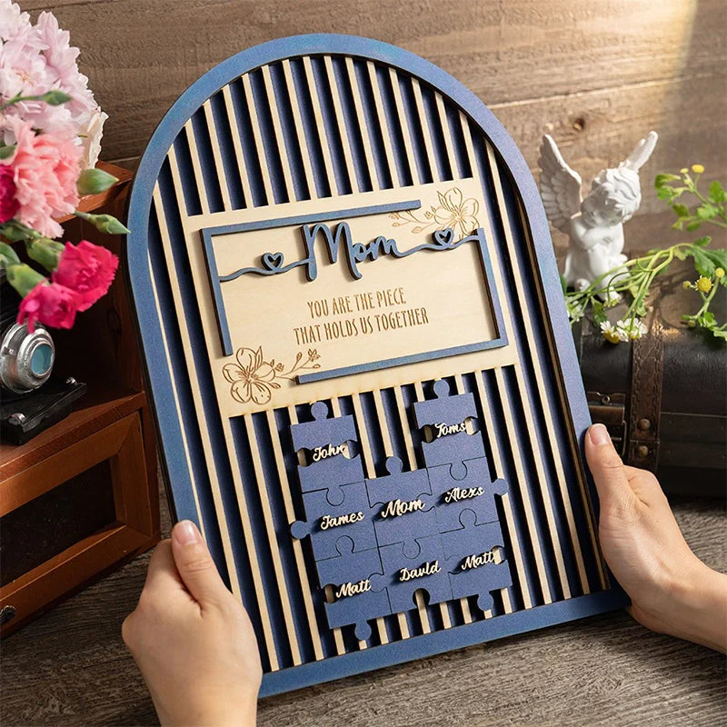 Mom Puzzle Piece Wooden Sign – Personalized Family Name Puzzle Plaque | Mother’s Day Gift for Mom, Grandma