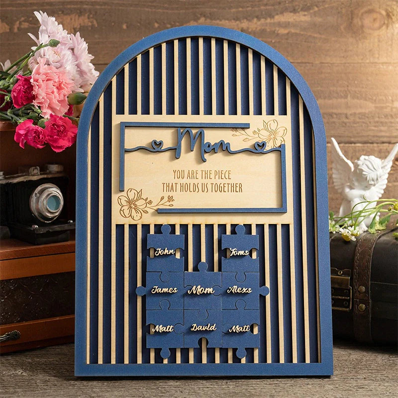 Mom Puzzle Piece Wooden Sign – Personalized Family Name Puzzle Plaque | Mother’s Day Gift for Mom, Grandma