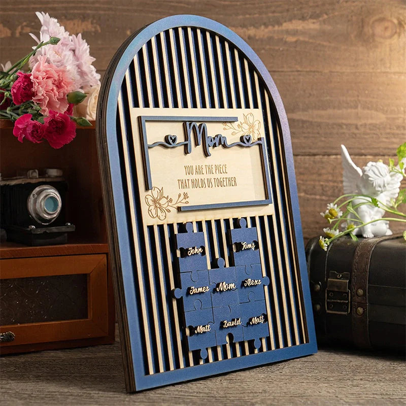 Mom Puzzle Piece Wooden Sign – Personalized Family Name Puzzle Plaque | Mother’s Day Gift for Mom, Grandma
