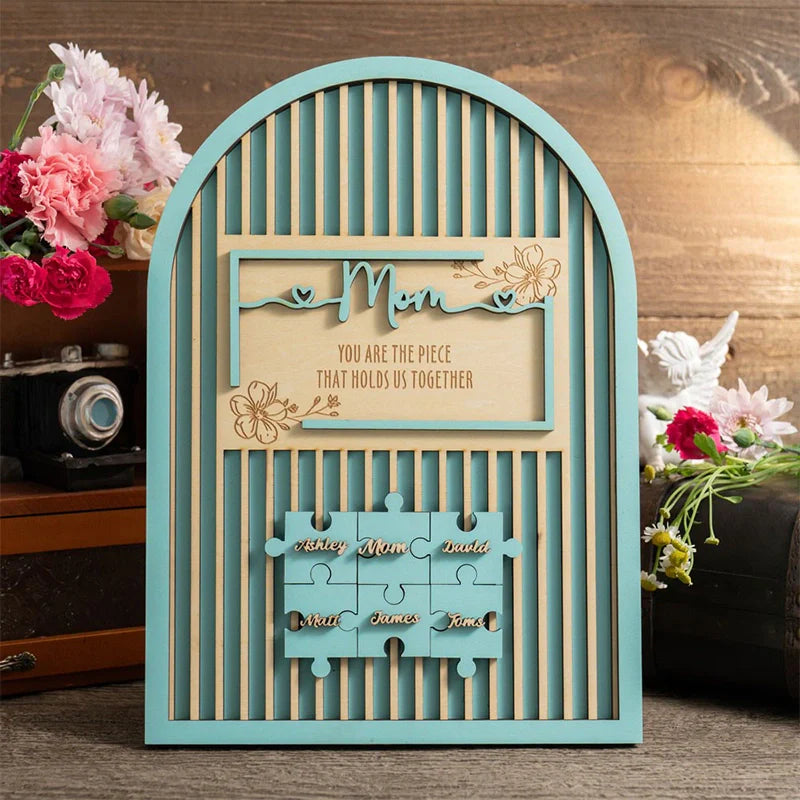 Mom Puzzle Piece Wooden Sign – Personalized Family Name Puzzle Plaque | Mother’s Day Gift for Mom, Grandma