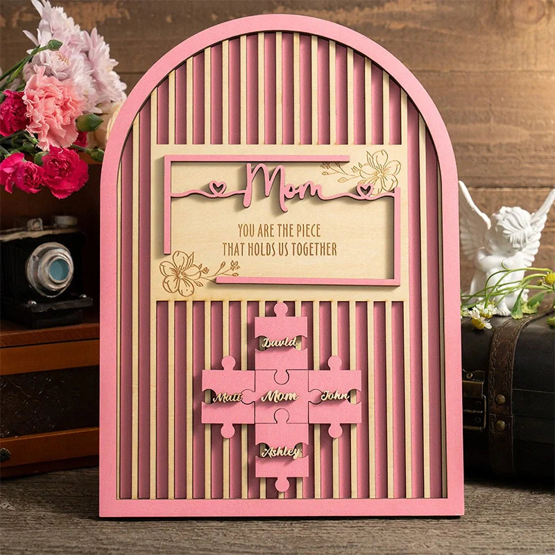 Mom Puzzle Piece Wooden Sign – Personalized Family Name Puzzle Plaque | Mother’s Day Gift for Mom, Grandma